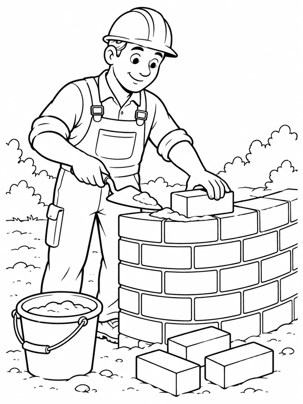 A smiling bricklayer uses a trowel to set a brick on a low curved wall, with a mortar bucket and spare bricks nearby.