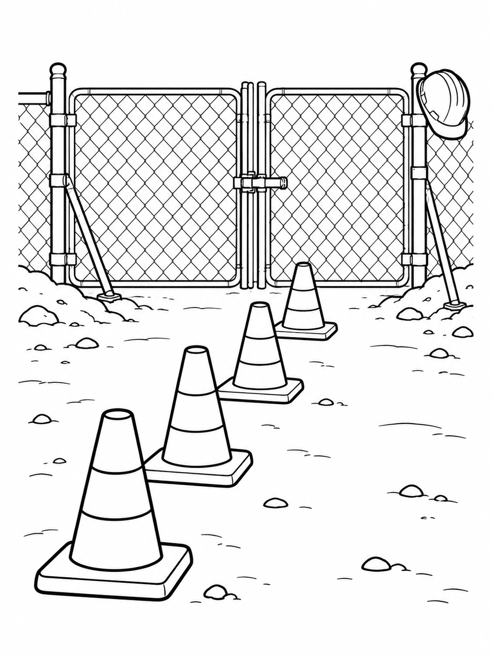 Four outlined traffic cones lead toward a chain-link construction fence and closed gate, with a hard hat hanging from the right fence post.
