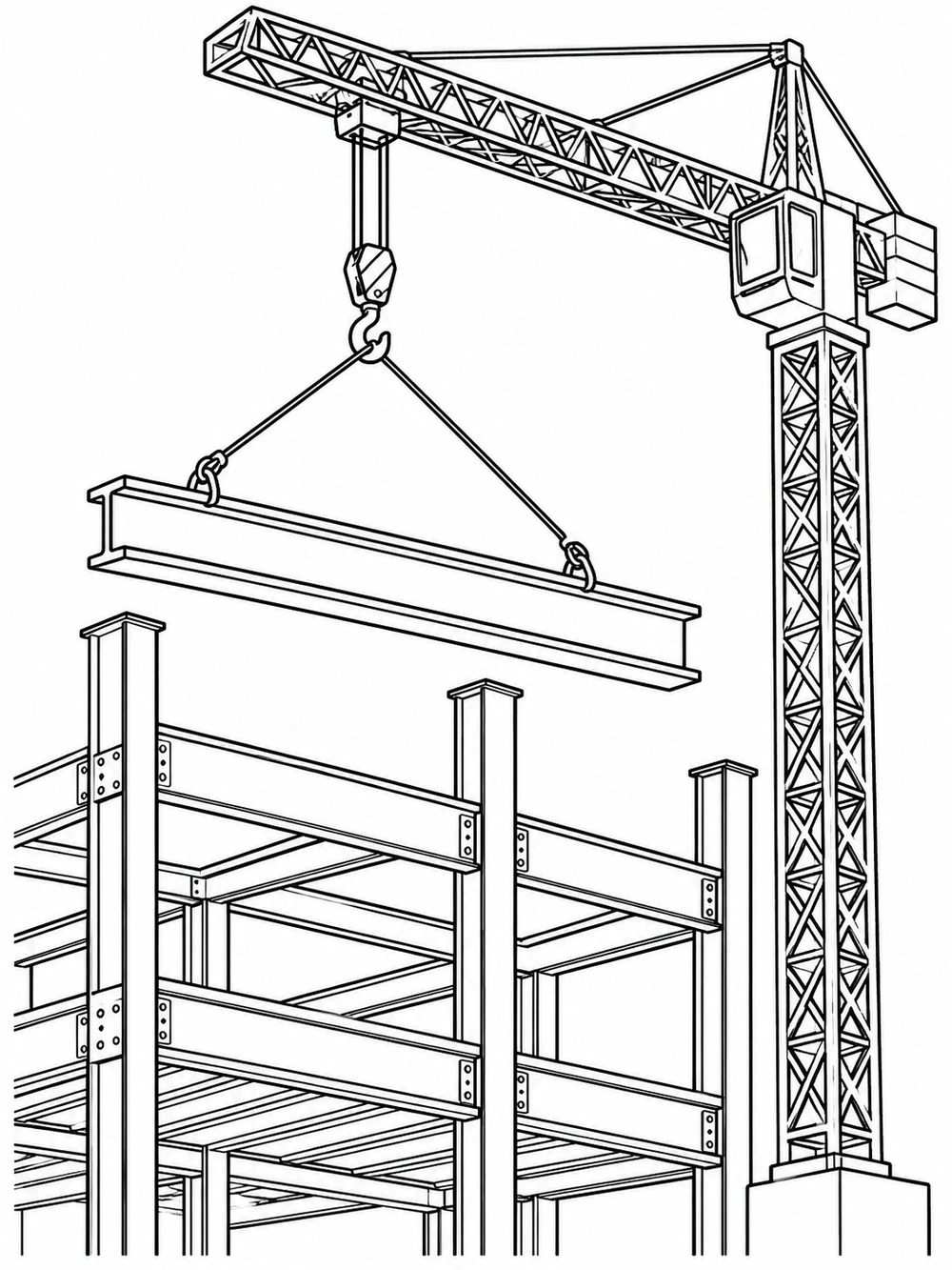 A tower crane hook suspends a long steel beam above a partially built steel frame.