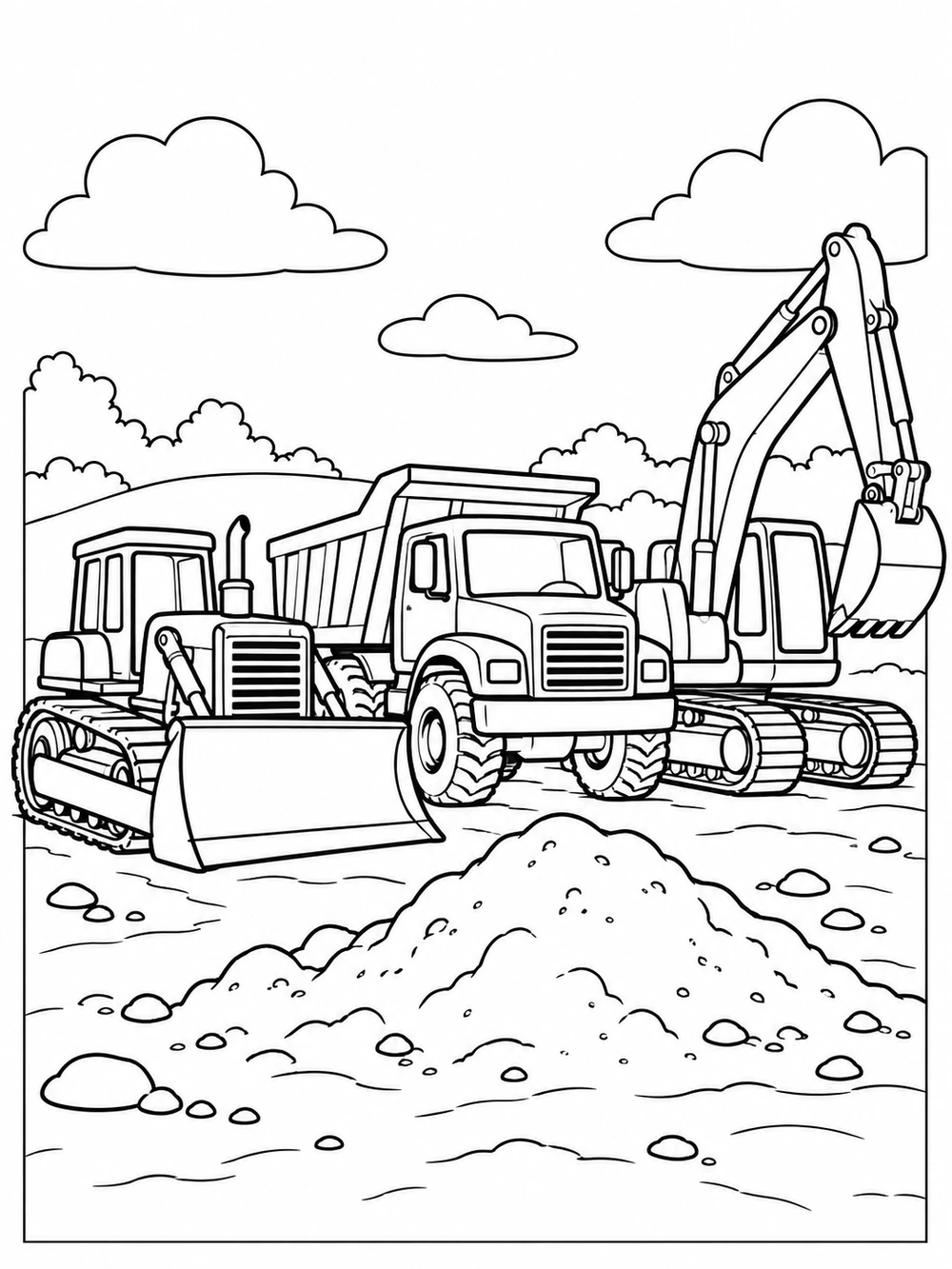 Black-and-white coloring page showing a bulldozer, dump truck, and excavator beside a large sand pile, with clouds and shrubs in the background.