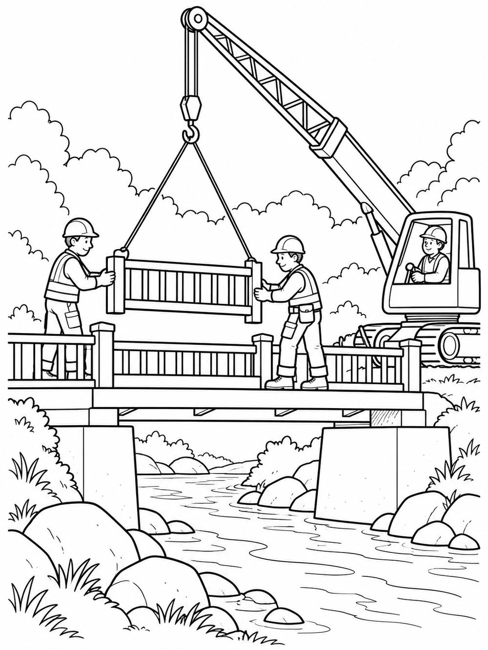 Two hard-hat workers guide a suspended bridge rail while a crane operator works beside the bridge over a stream.