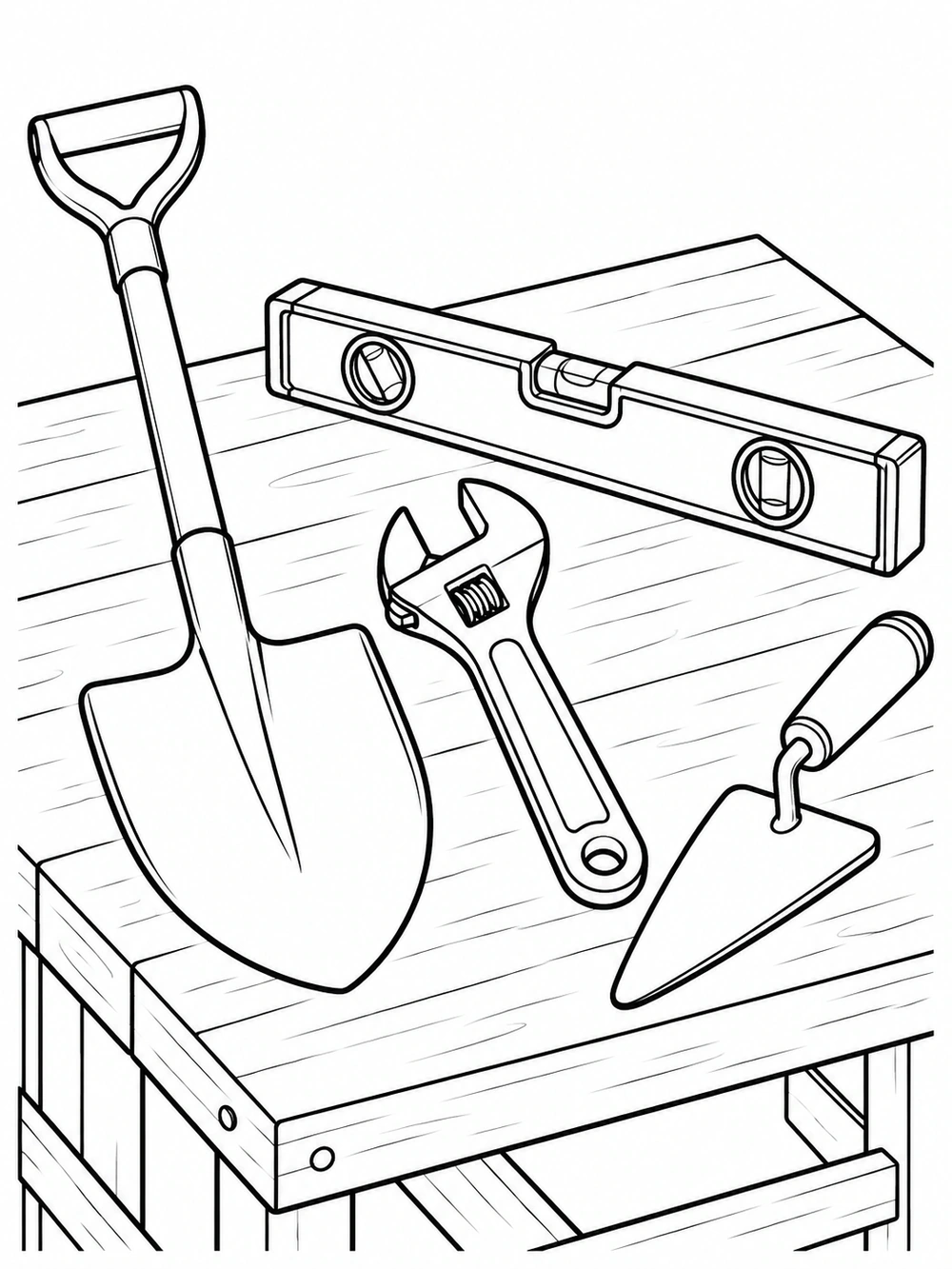 Black-outline coloring page showing a shovel, spirit level, adjustable wrench, and masonry trowel arranged on a workbench.