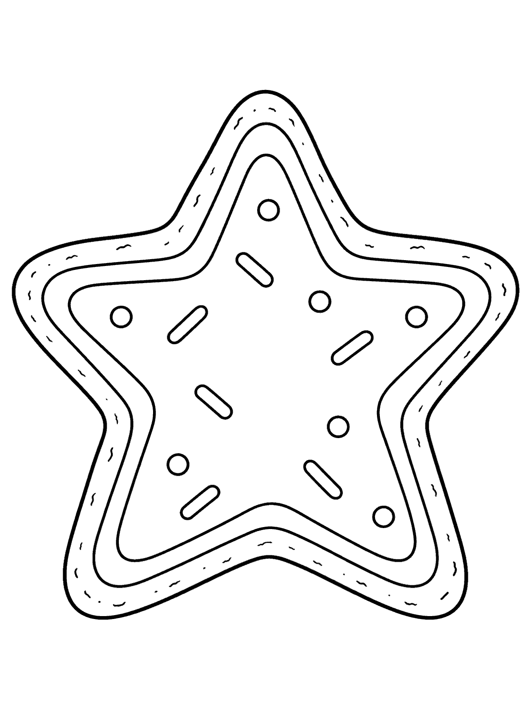 Black-and-white star-shaped sugar cookie coloring page with an outlined icing band and sprinkles