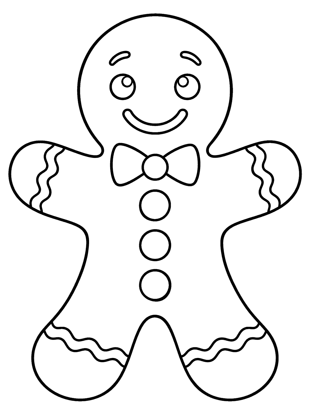 Gingerbread person cookie coloring page with a smiling face, bow tie, three buttons, and icing wrist and ankle trim.