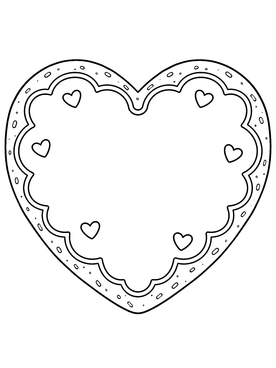 Black outline coloring page of a heart-shaped cookie with scalloped icing and heart-shaped sprinkles