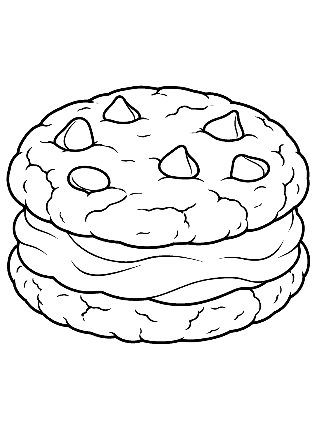 Cookie sandwich coloring page with a chip-dotted top cookie and thick filling between the cookies.