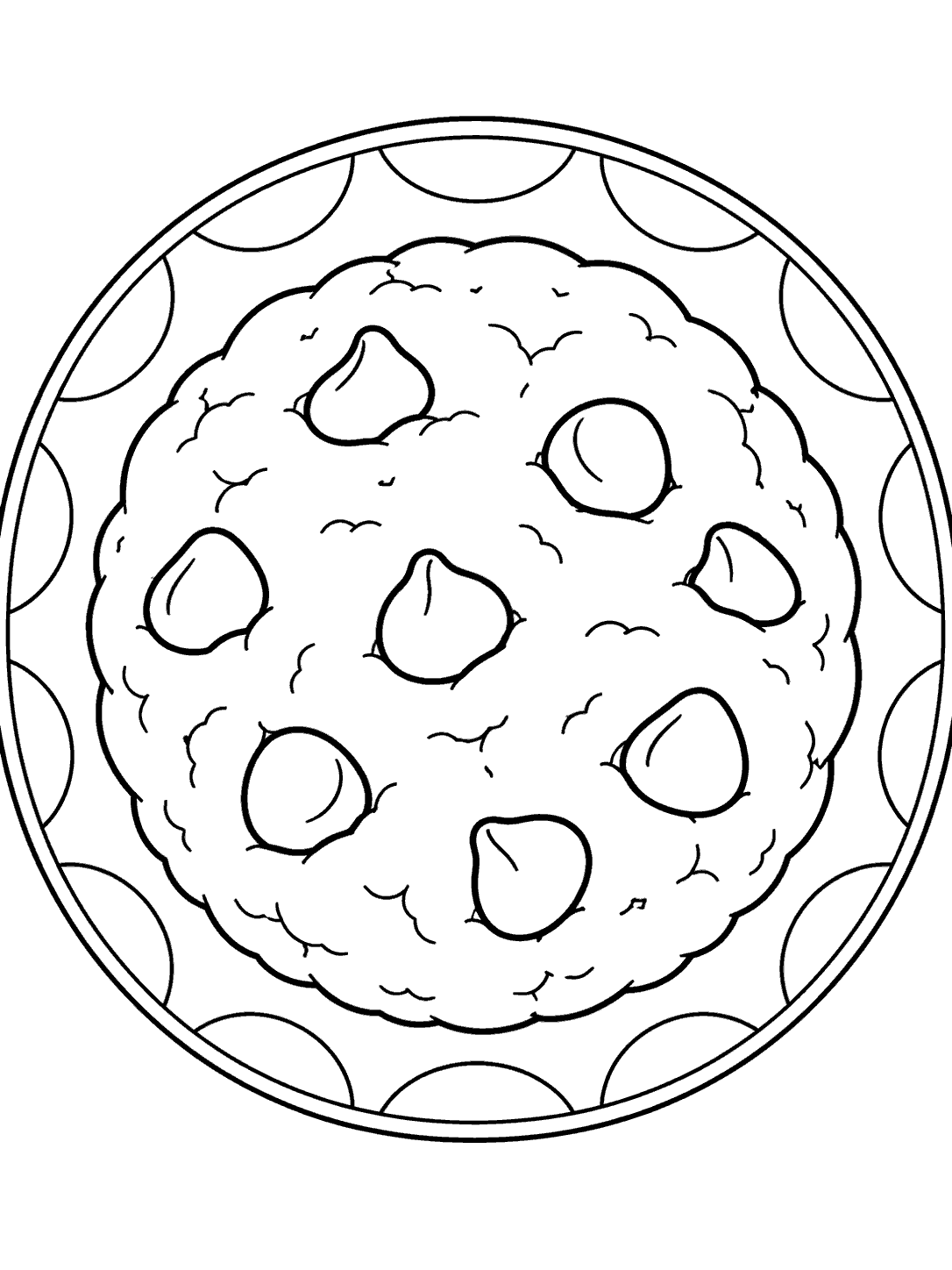 A large chocolate chip cookie centered on a plate with a repeating arc pattern around the rim, drawn in black outlines on white.