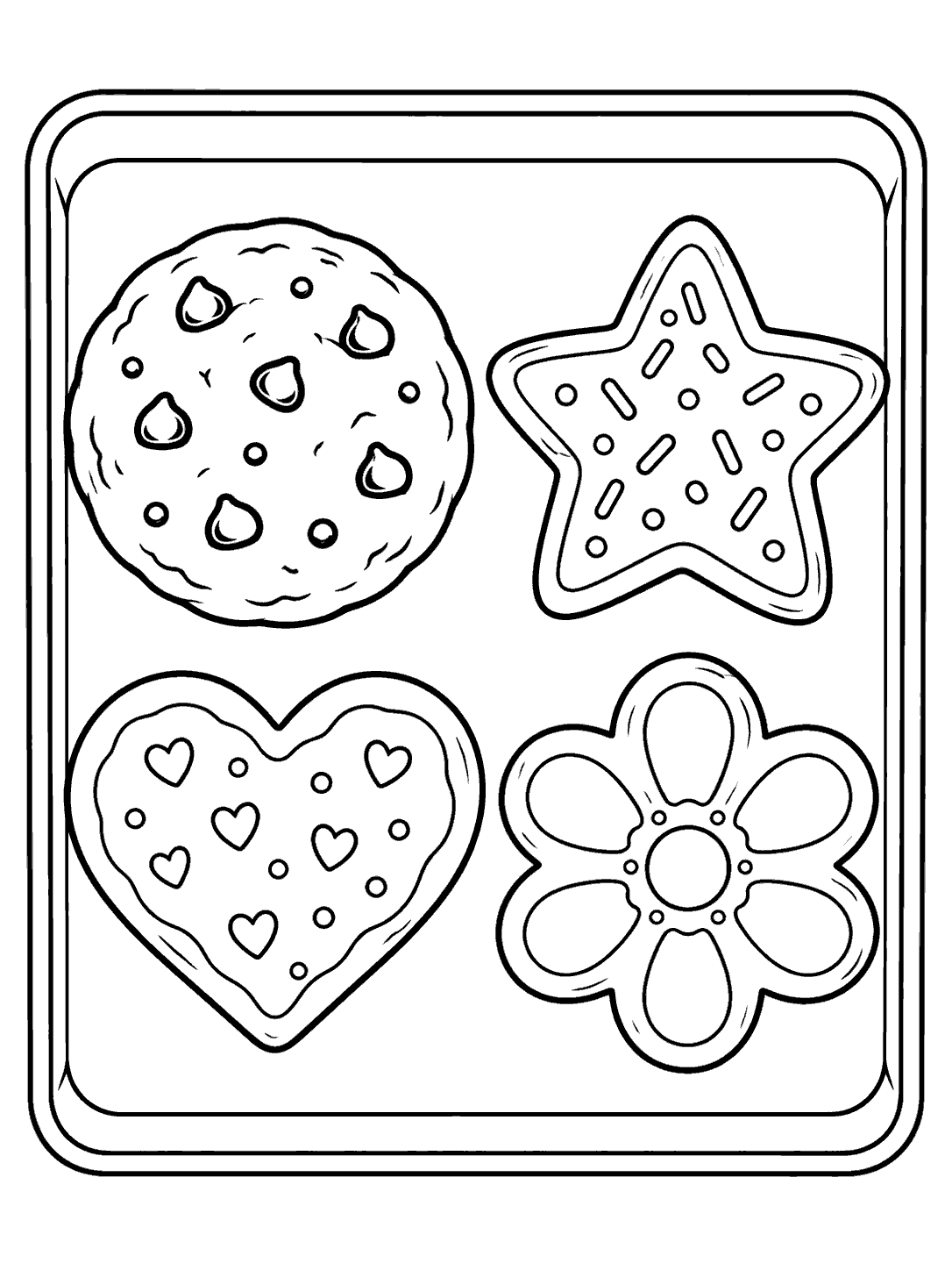 Round chocolate chip, star, heart, and flower cookies on a baking tray coloring page.