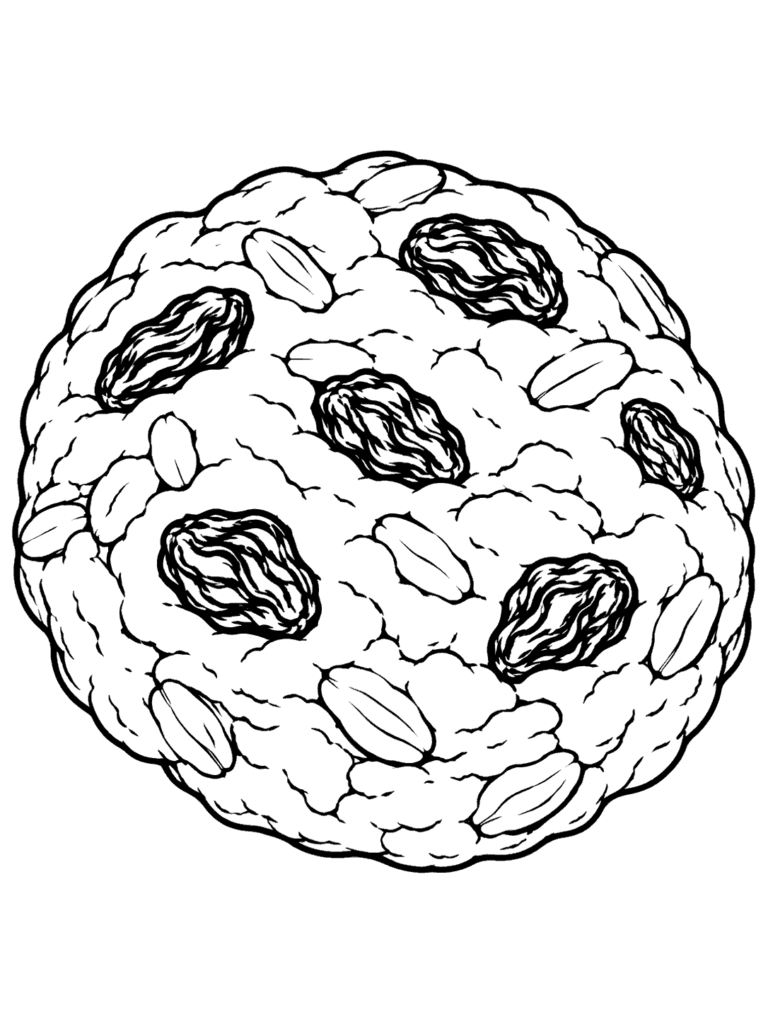 Oatmeal raisin cookie coloring page with oat flakes and large raisins