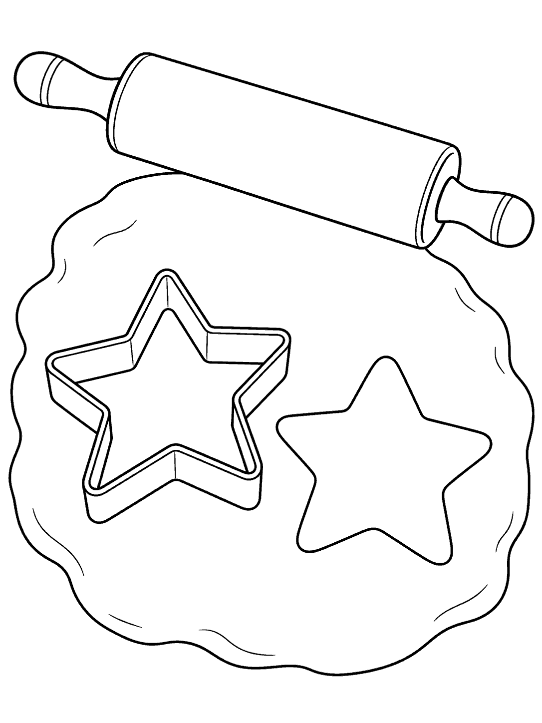 Black outline coloring page of a star cookie cutter and star-shaped dough cutout on rolled dough, with a rolling pin above.