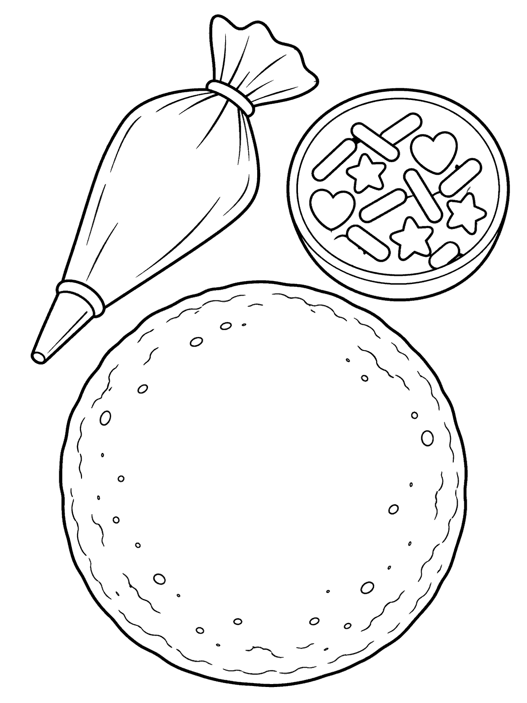 Printable cookie coloring page with a large round cookie, icing piping bag, and bowl of heart- and star-shaped sprinkles.