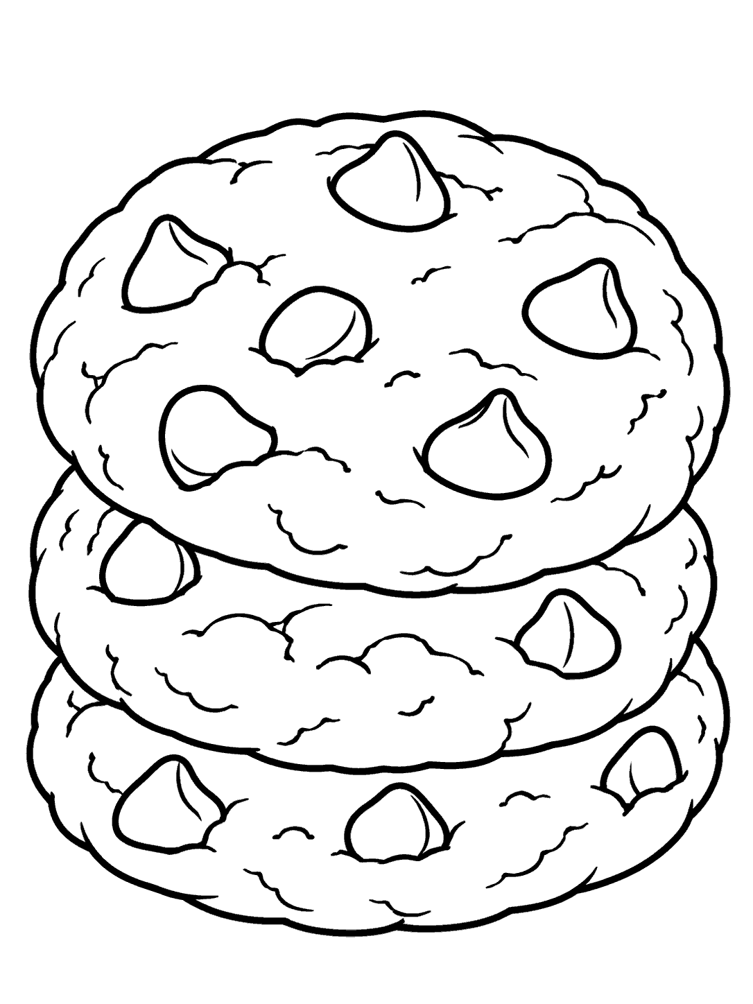Three stacked chocolate chip cookies coloring page