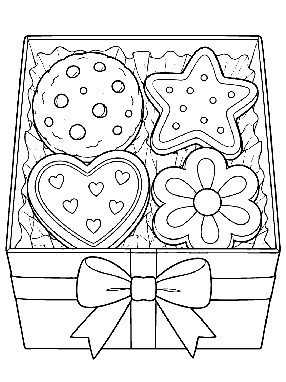 Open gift box with round, star, heart, and flower cookies, drawn as a coloring page