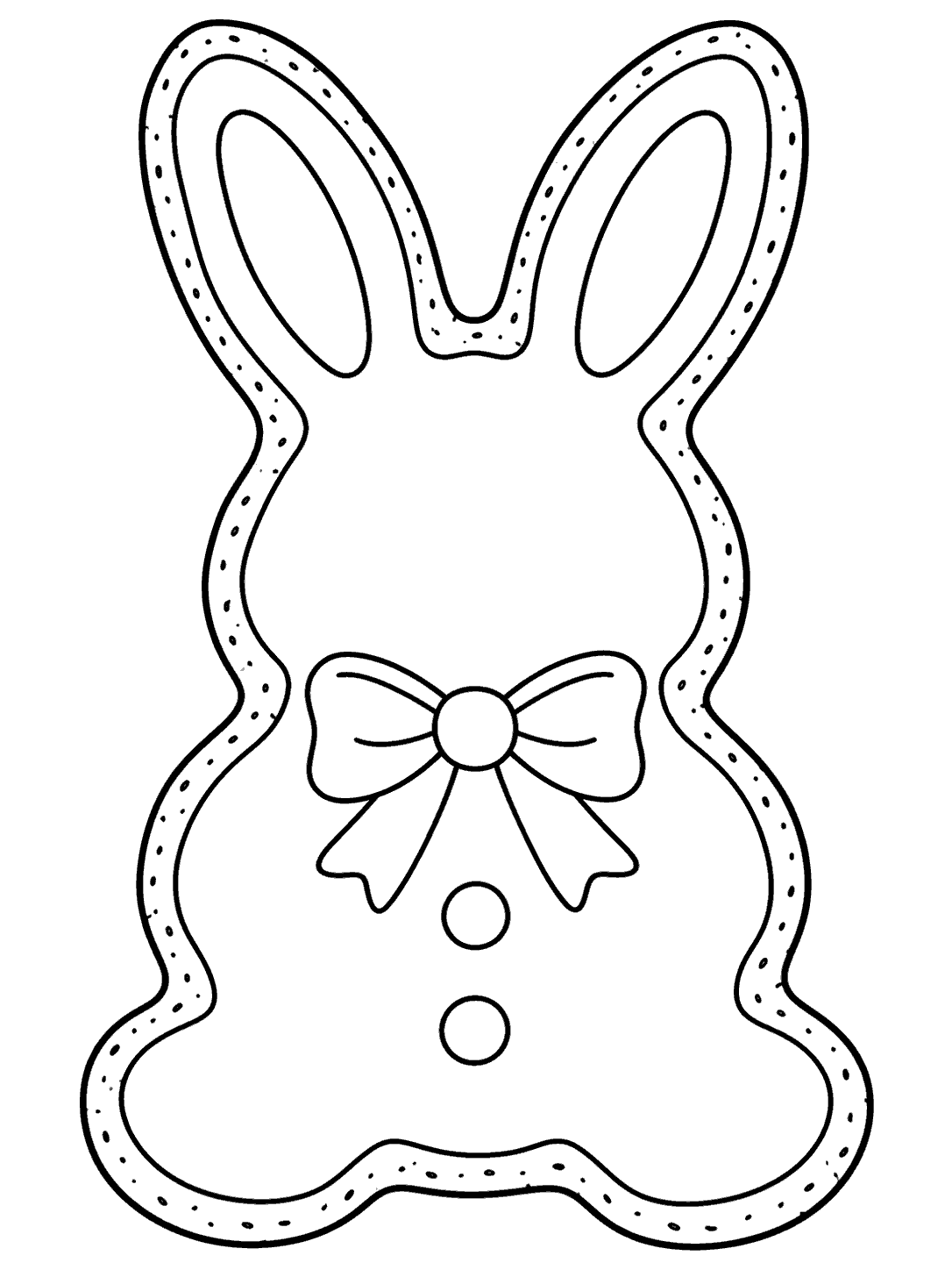 Bunny-shaped cookie coloring page with dotted icing, a large bow, and two buttons.