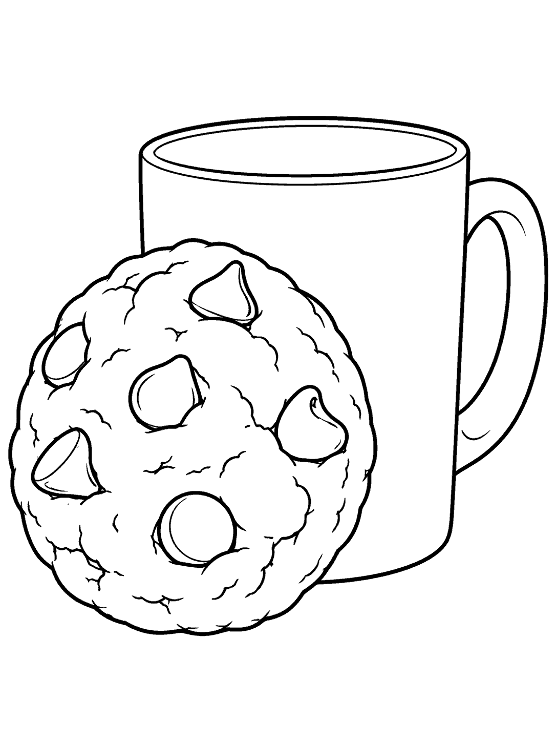 Oversized chocolate chip cookie leaning against a blank mug, in a black-and-white coloring page.