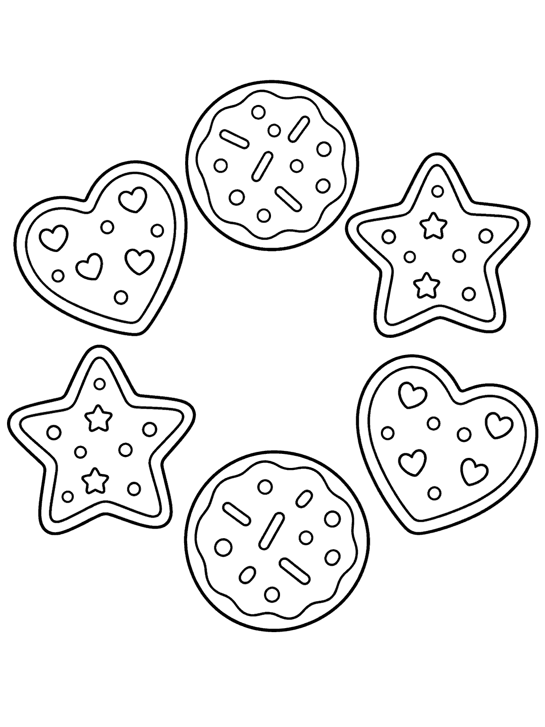 Black-and-white coloring page with six round, star, and heart cookies arranged in a wreath.