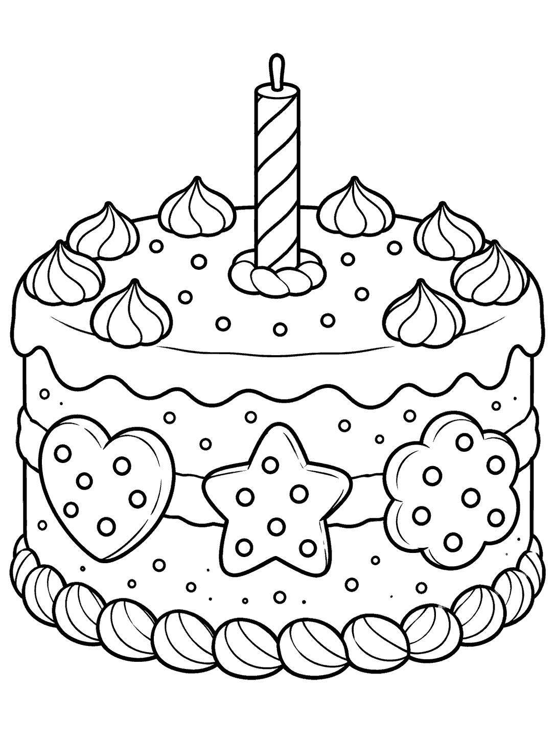 Black-and-white coloring page of a round two-layer cookie cake with an unlit candle and heart, star, and flower-shaped cookie decorations.