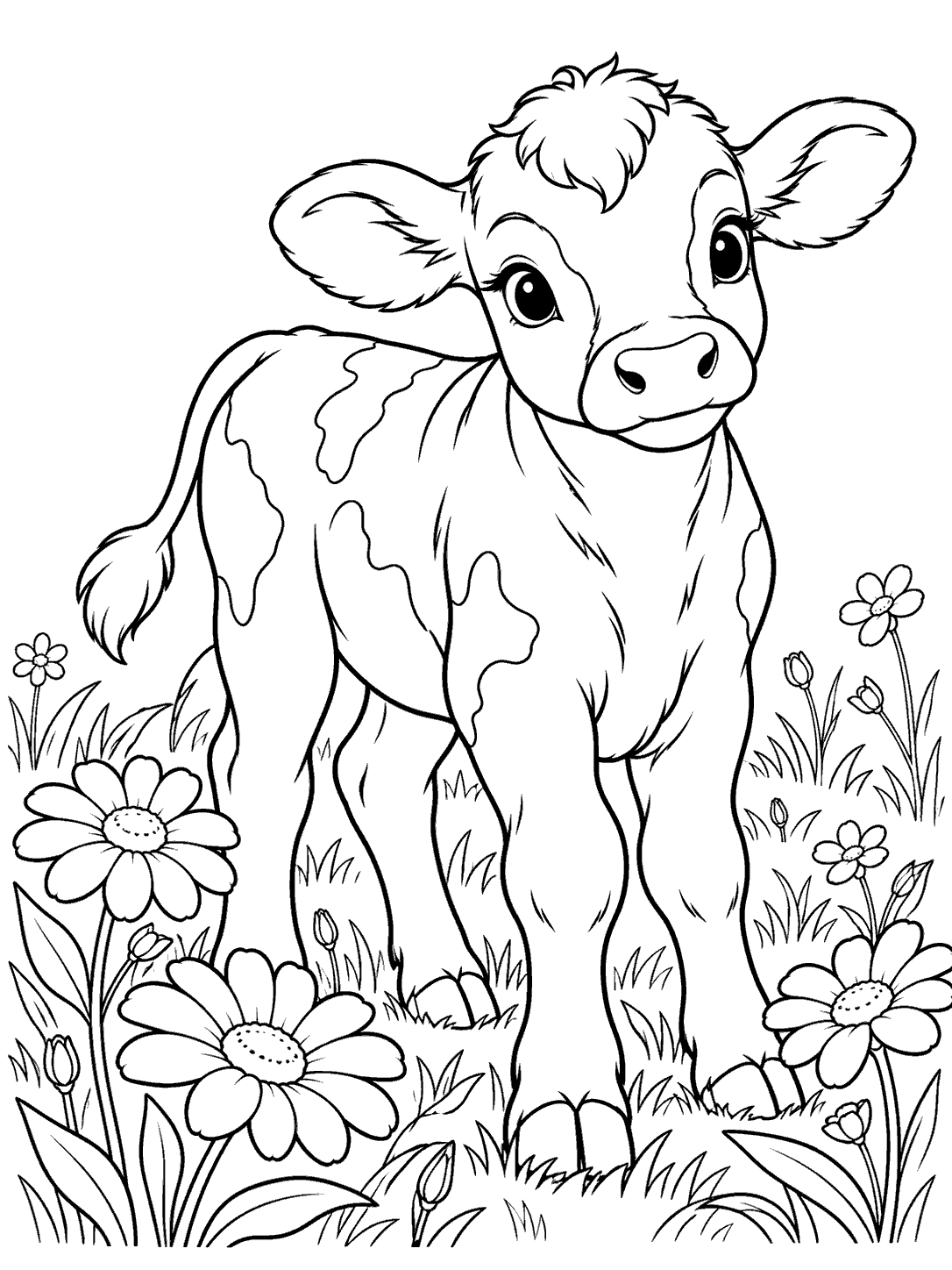 Cow coloring page showing a calf surrounded by flowers and grass