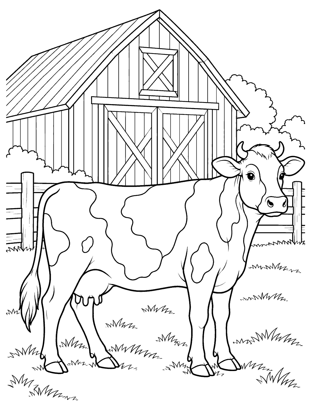 Black-and-white cow coloring page showing a spotted dairy cow beside a large wooden barn and fence.