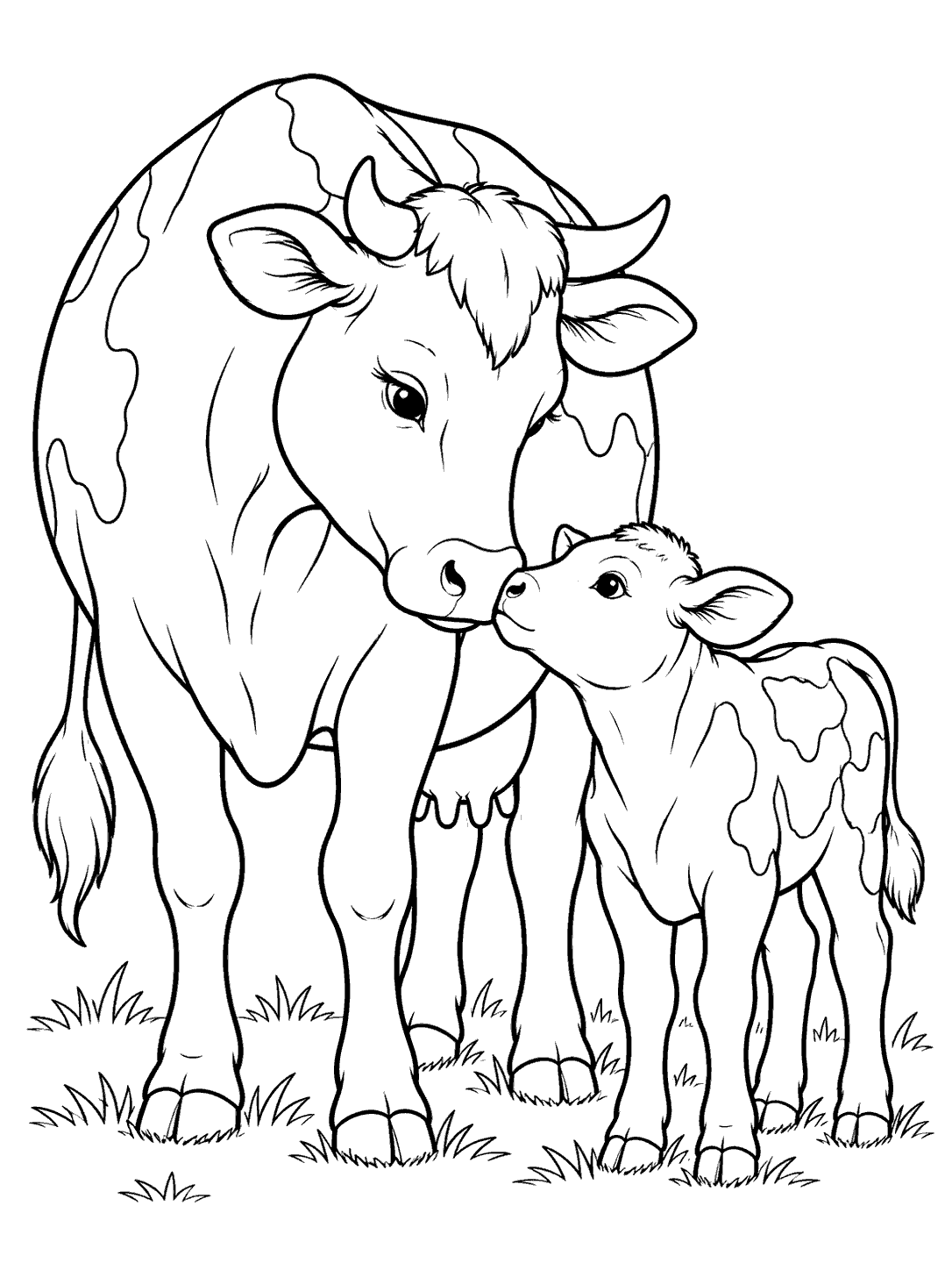Cow coloring page showing a large cow touching noses with a small calf among grass tufts.