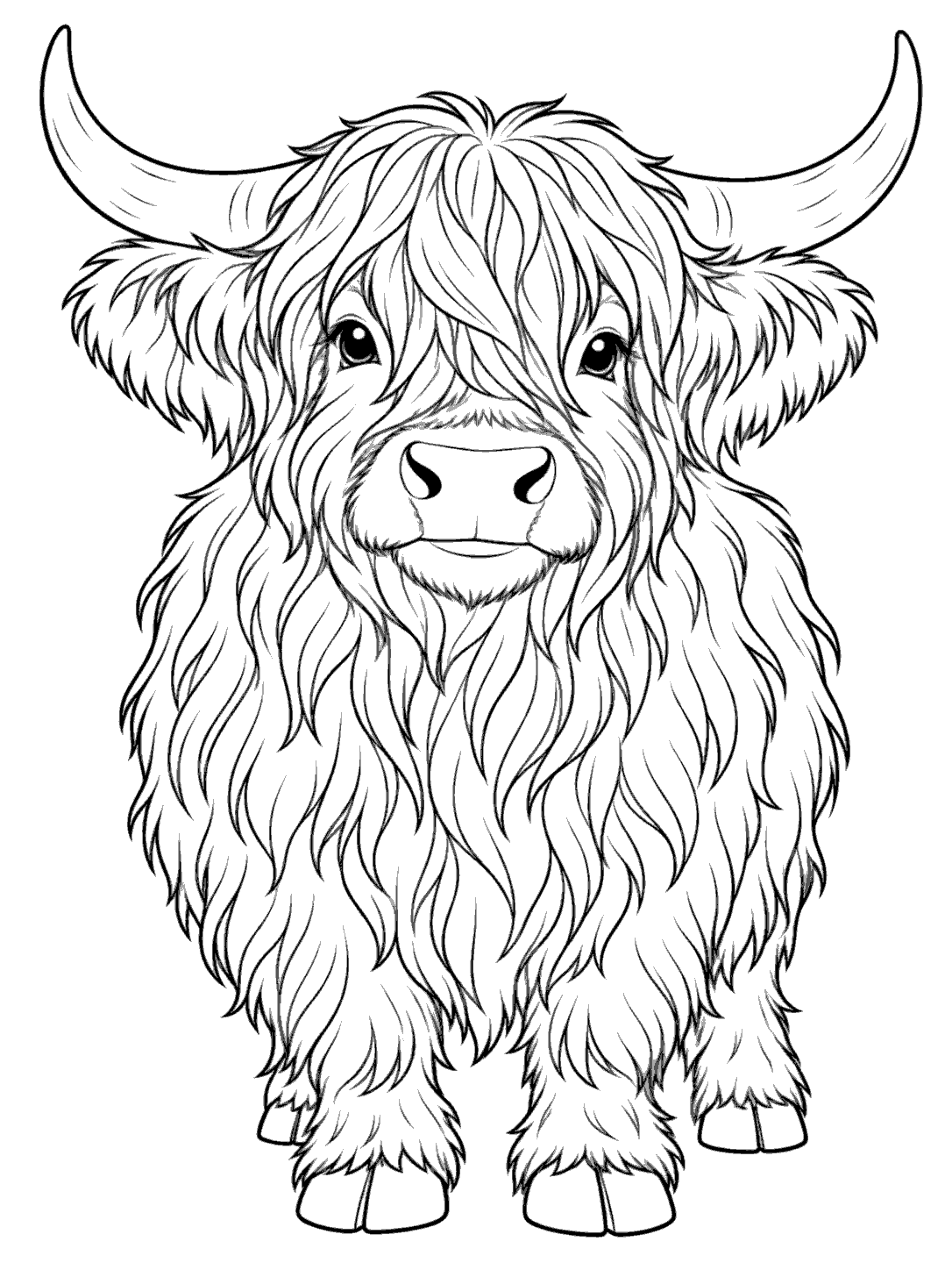 Front-facing Highland cow coloring page with long shaggy hair, broad curved horns, and a full coat.
