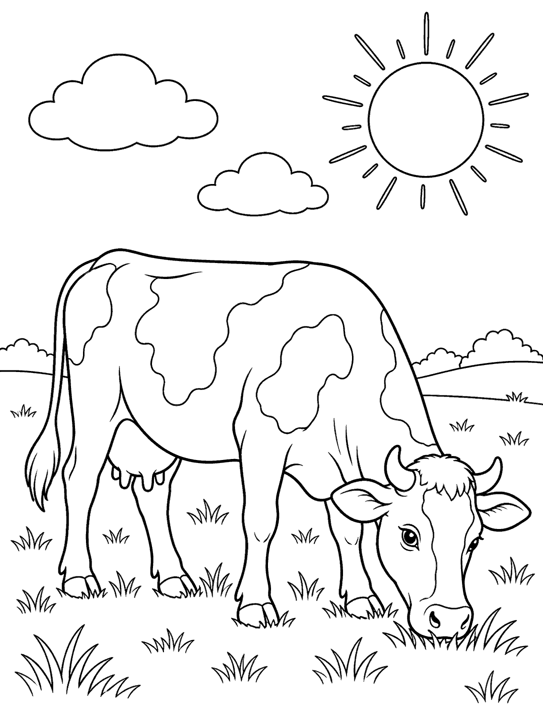 Cow coloring page showing a grazing cow in a sunny pasture