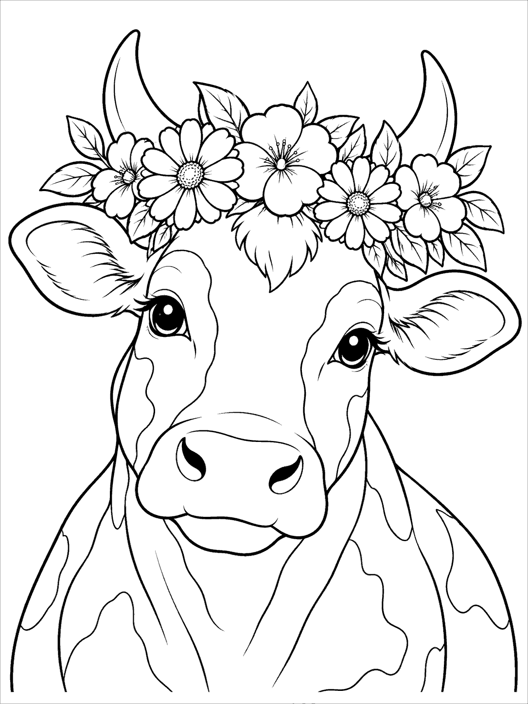 Cow coloring page showing a gentle cow's head and shoulders beneath a crown of flowers and leaves.