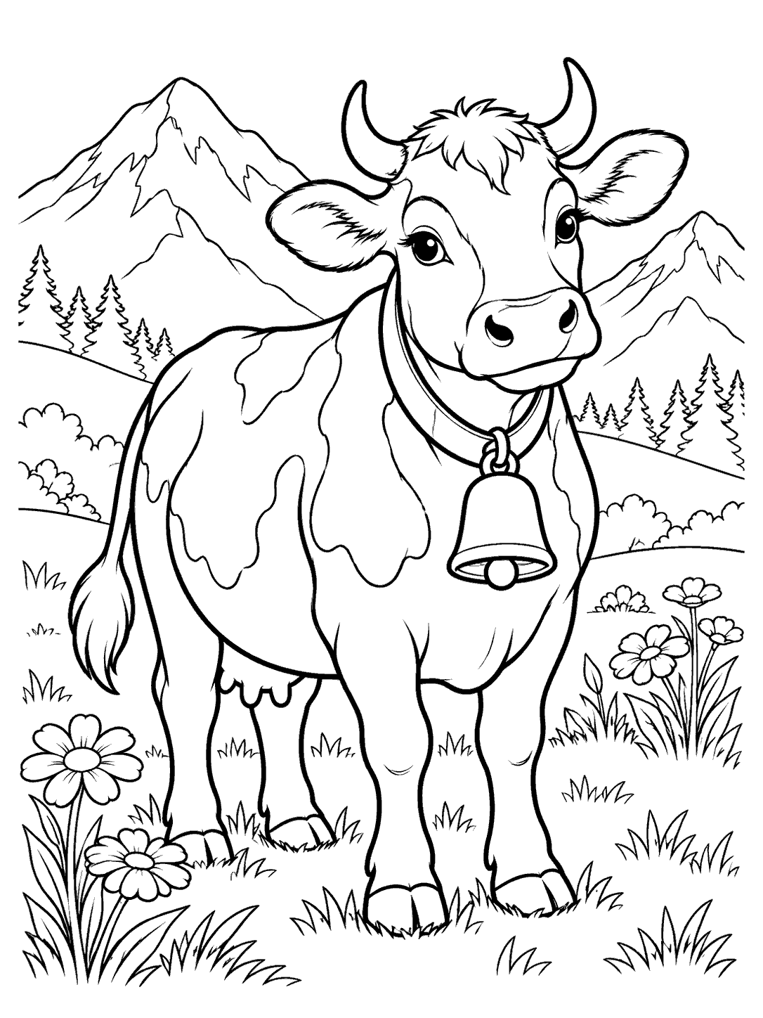 Cow coloring page showing a bell-collared cow among mountain peaks, trees, and meadow flowers.