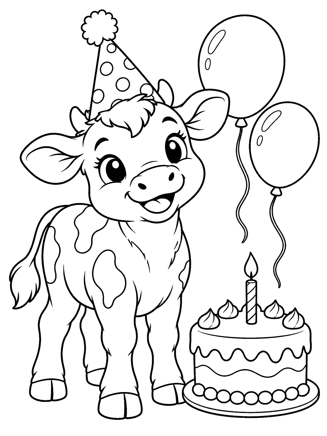 Cow coloring page showing a smiling calf in a pom-pom party hat beside a birthday cake and two balloons.