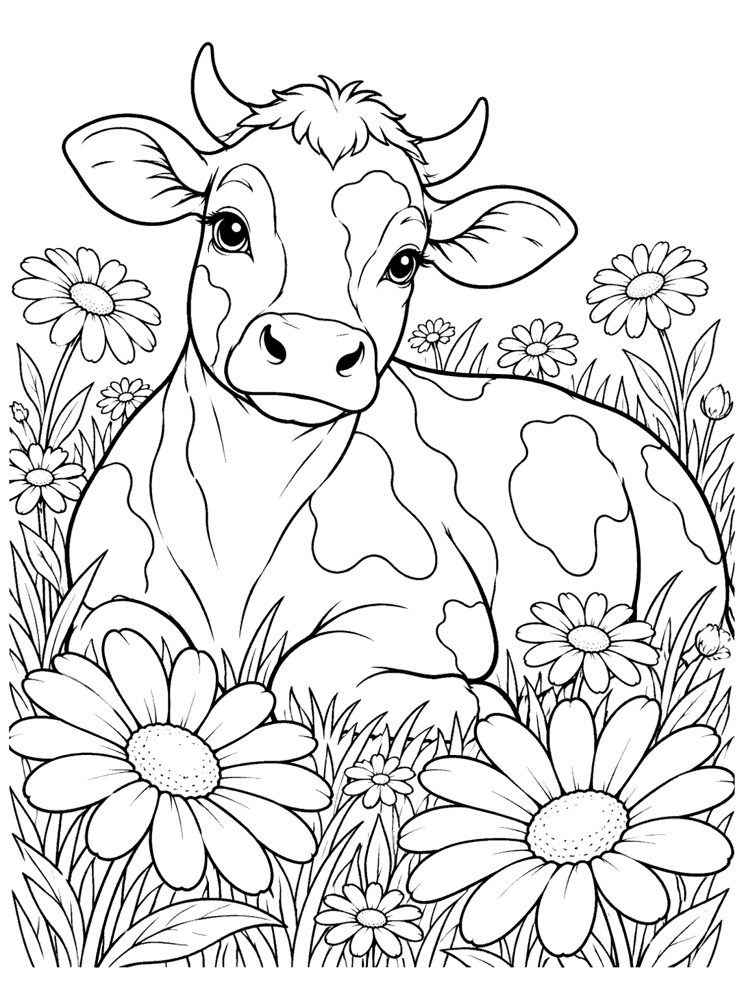 Cow coloring page showing a resting spotted cow among large daisies and grass
