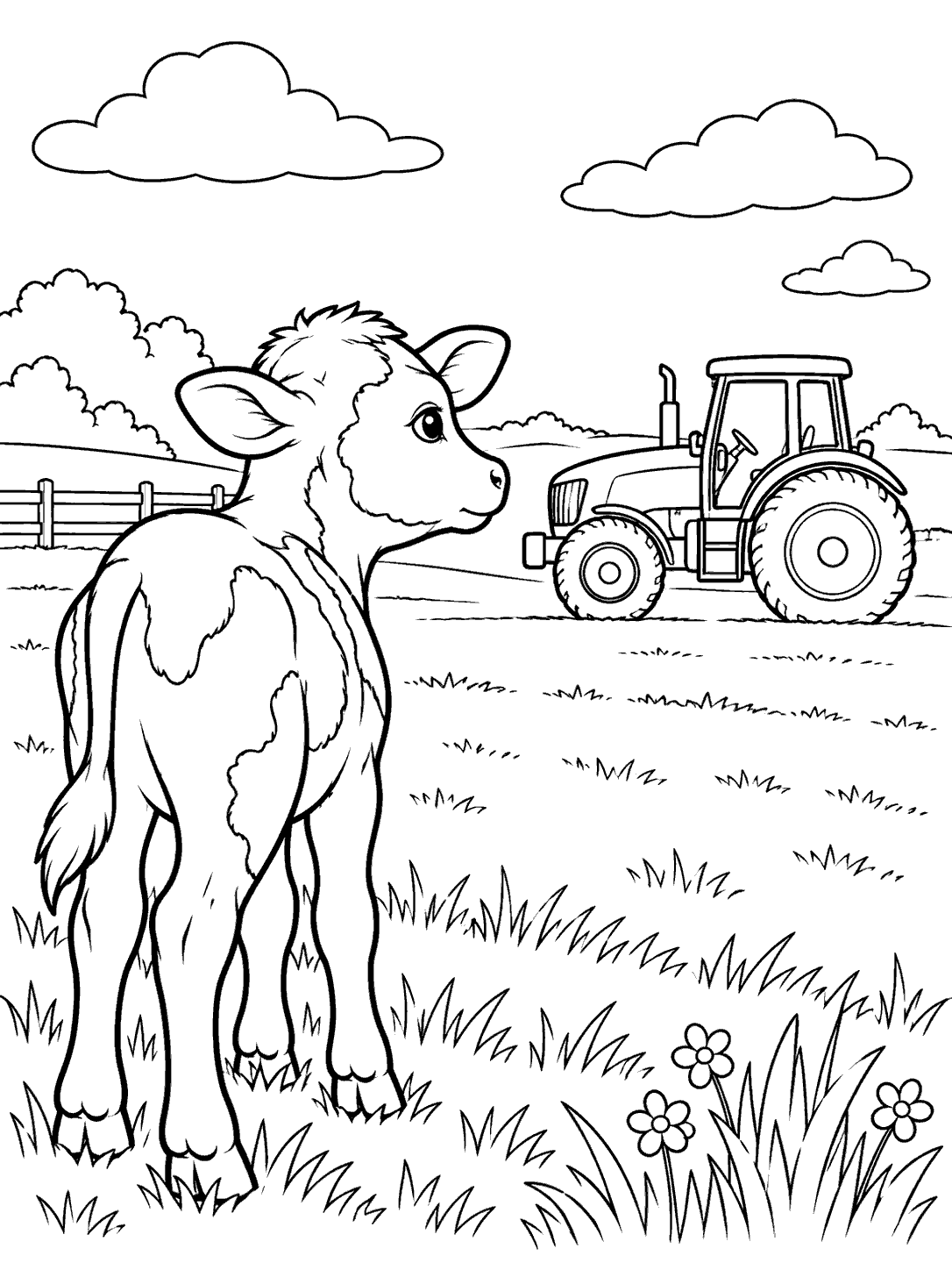 Cow coloring page showing a calf in the foreground watching a side-view farm tractor.