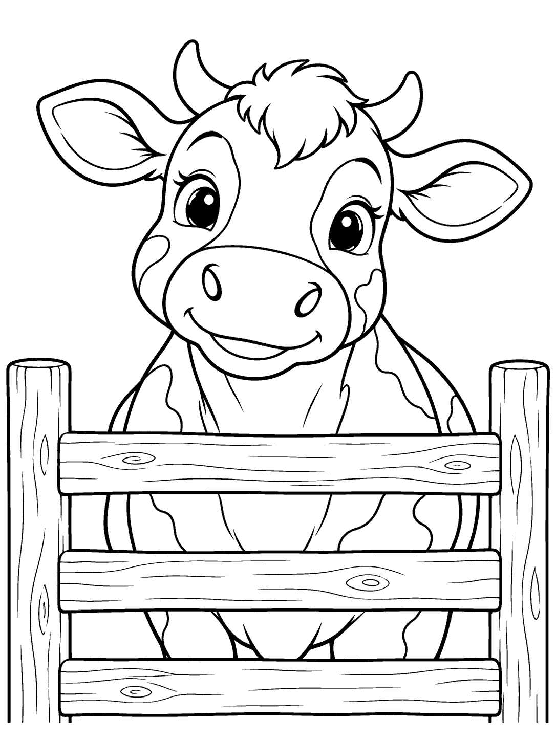 Cow coloring page showing a smiling cow peeking through three wooden fence rails.