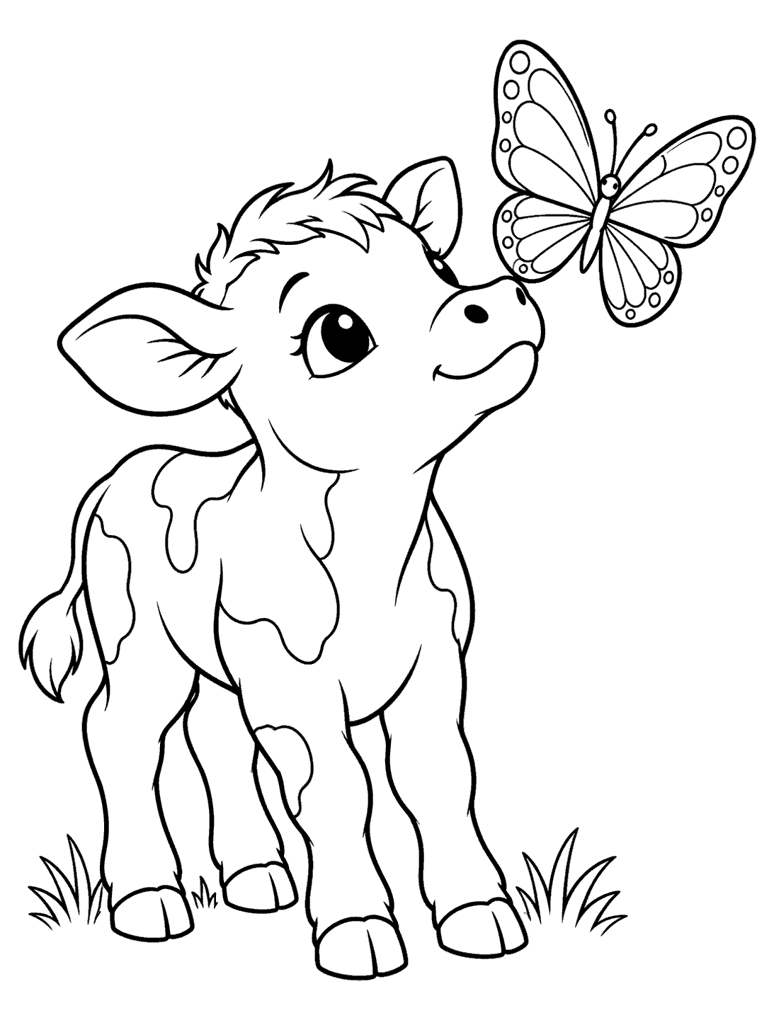 Cow coloring page showing a calf lifting its nose toward a large butterfly, with grass tufts below.