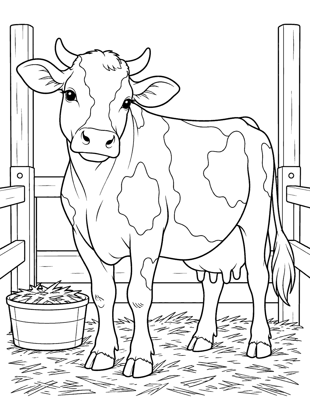 Printable cow coloring page showing a calm, spotted cow in a milking stall with a feed bucket and stall posts.