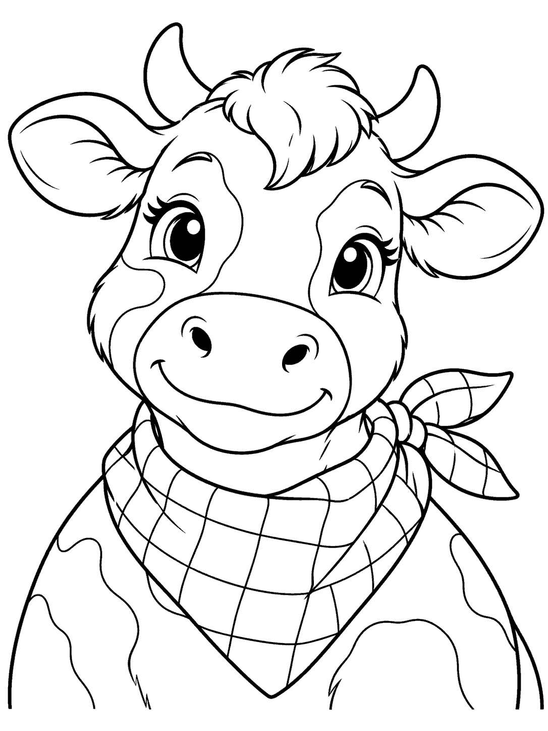 Cow coloring page showing a friendly cow from the chest up in a checkered bandana.
