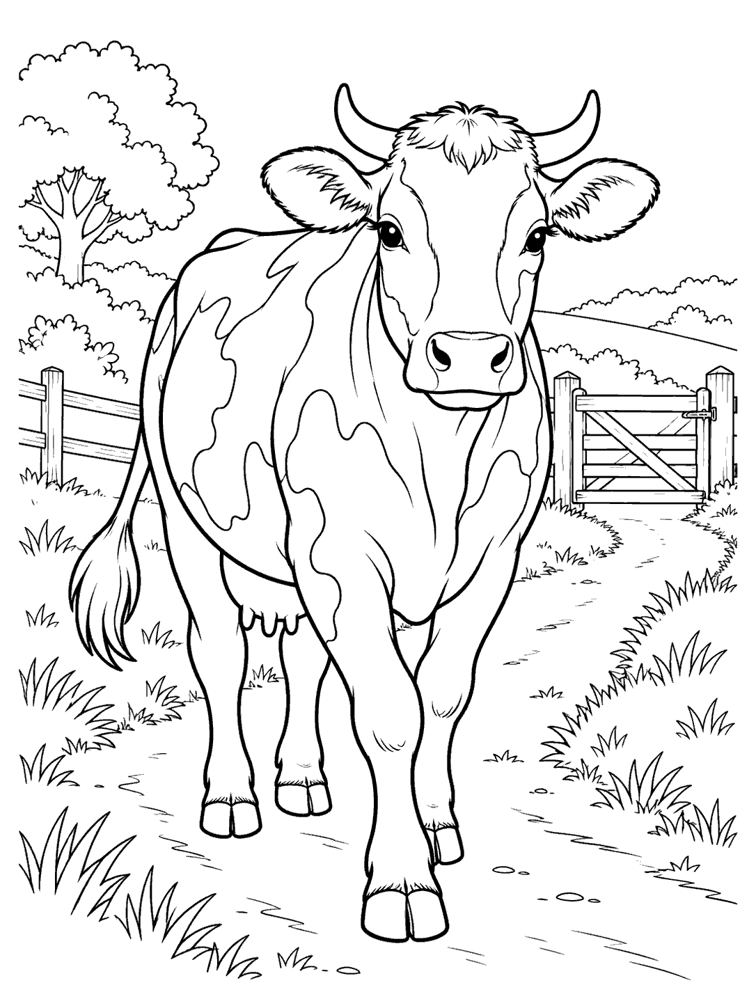 Cow coloring page with a cow walking along a country path
