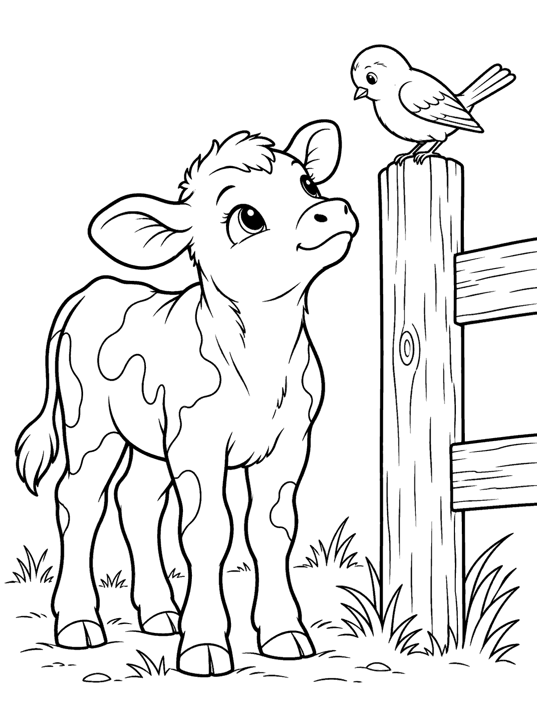 Cow coloring page featuring a calf looking up at a bird perched on a fence post.