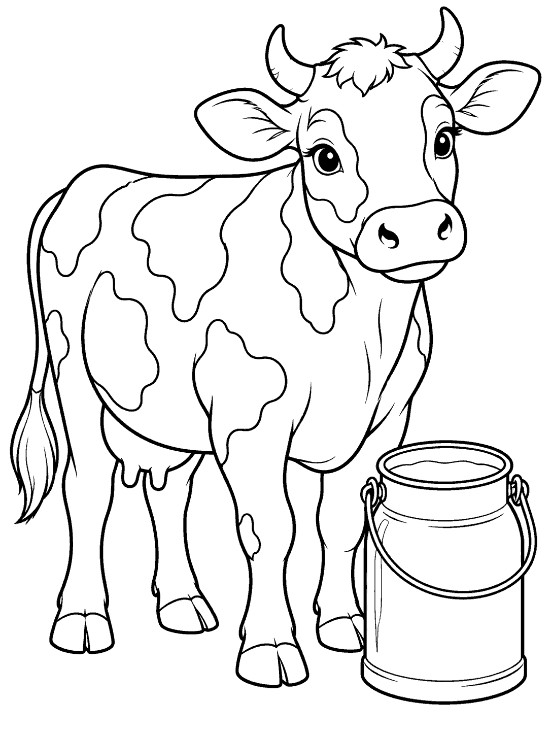 Cow coloring page showing a spotted cow beside a milk pail