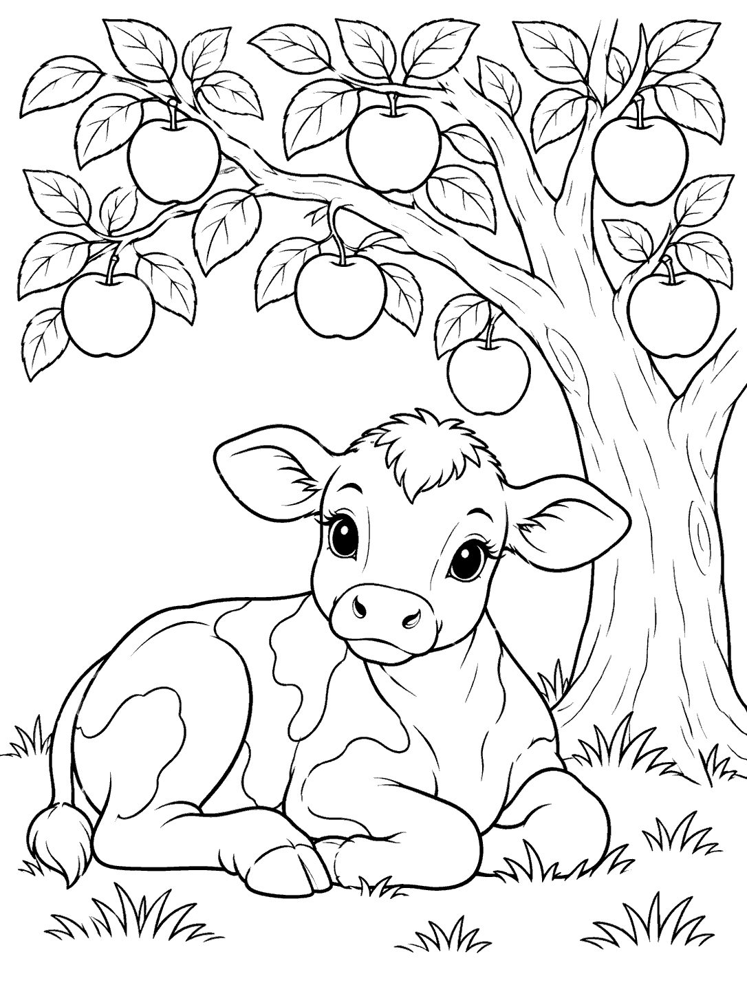 Cow coloring page showing a resting calf beneath an apple tree with apples and leaves