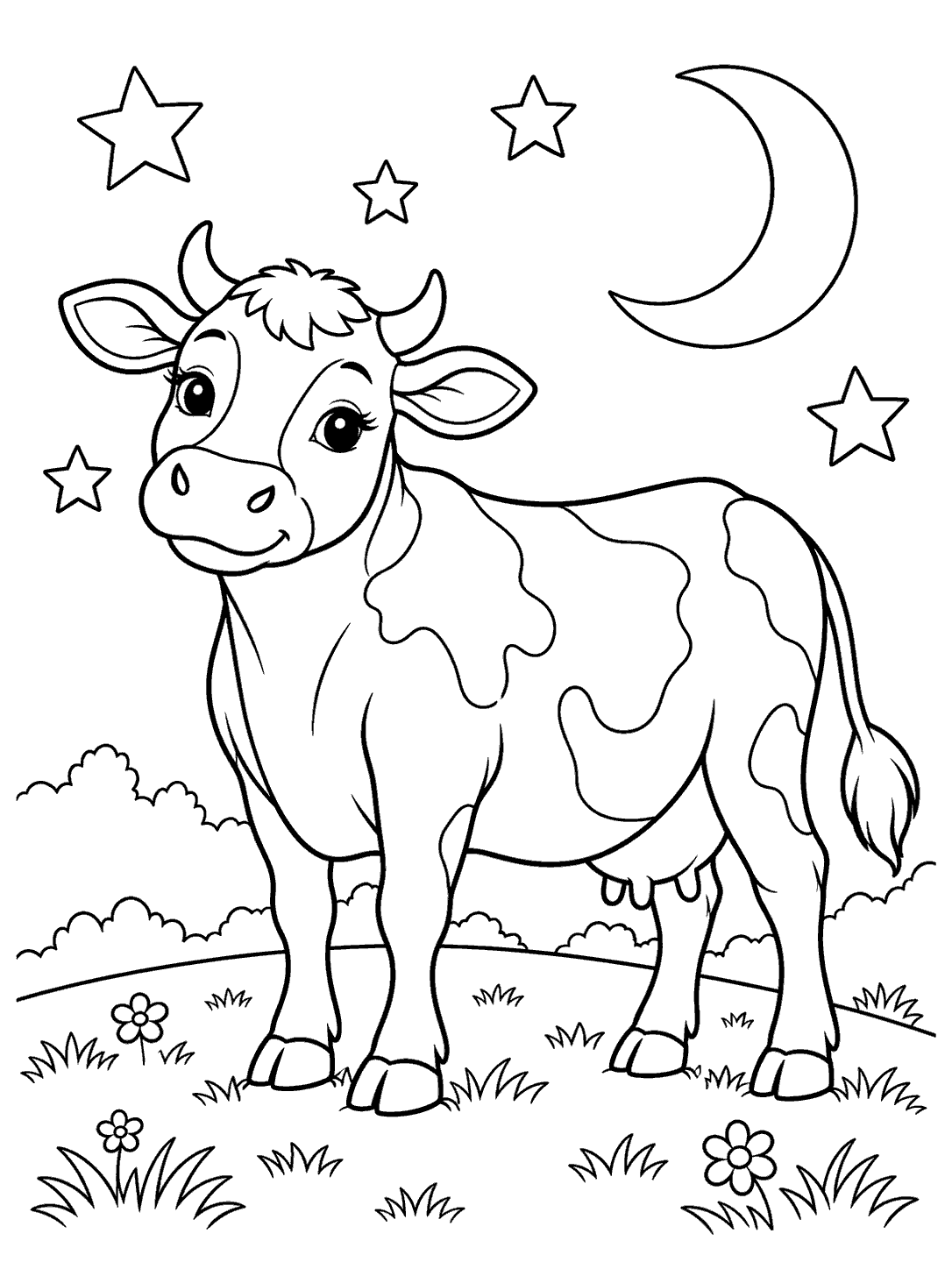 Cow coloring page showing a peaceful cow on a small hill beneath a crescent moon and five-point stars