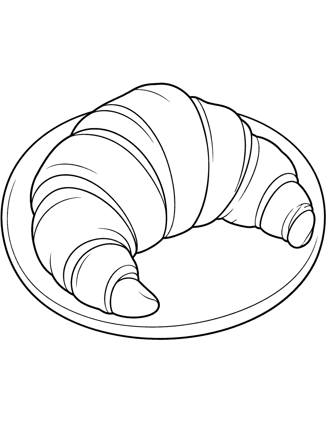 Black-outline coloring page of a crescent croissant on a round plate