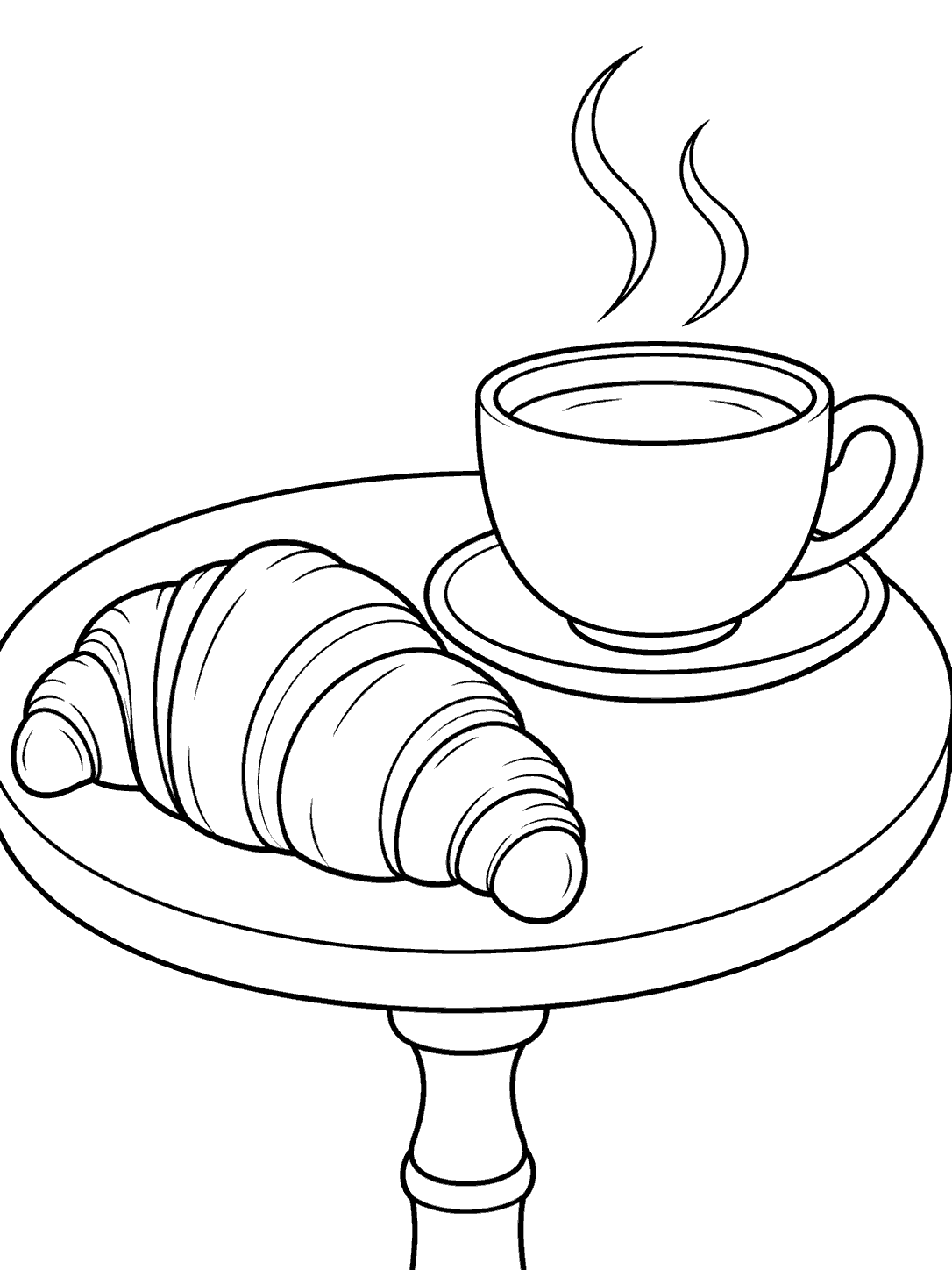 Croissant beside a steaming coffee cup and saucer on a small table, coloring page