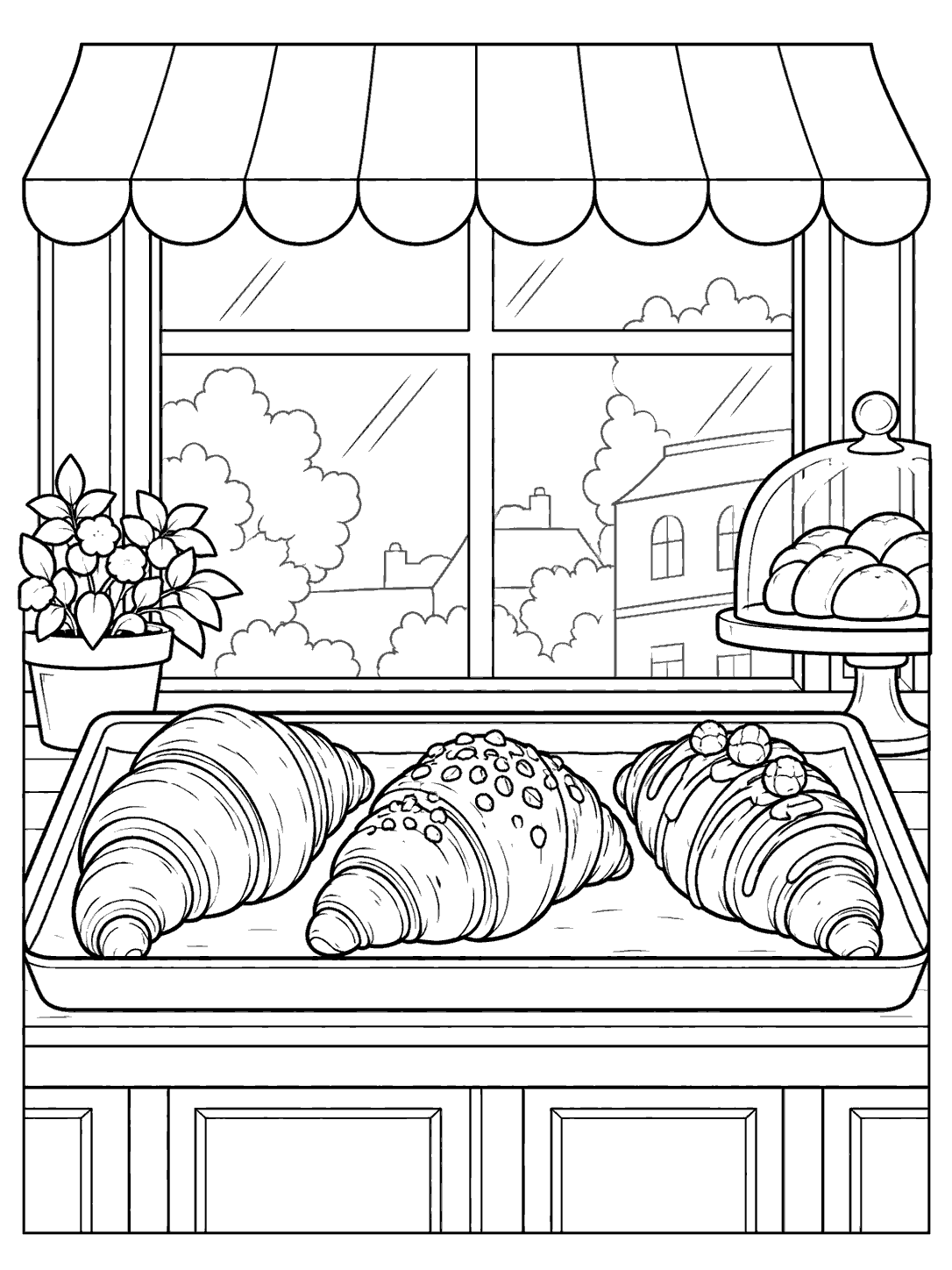Bakery counter with three croissants on a tray, a shop window, and a blank awning in a coloring page.