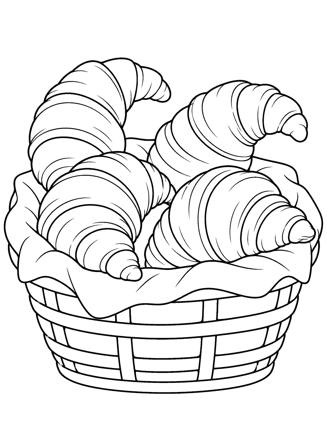 Black-and-white coloring page showing a basket holding four croissants at different angles.