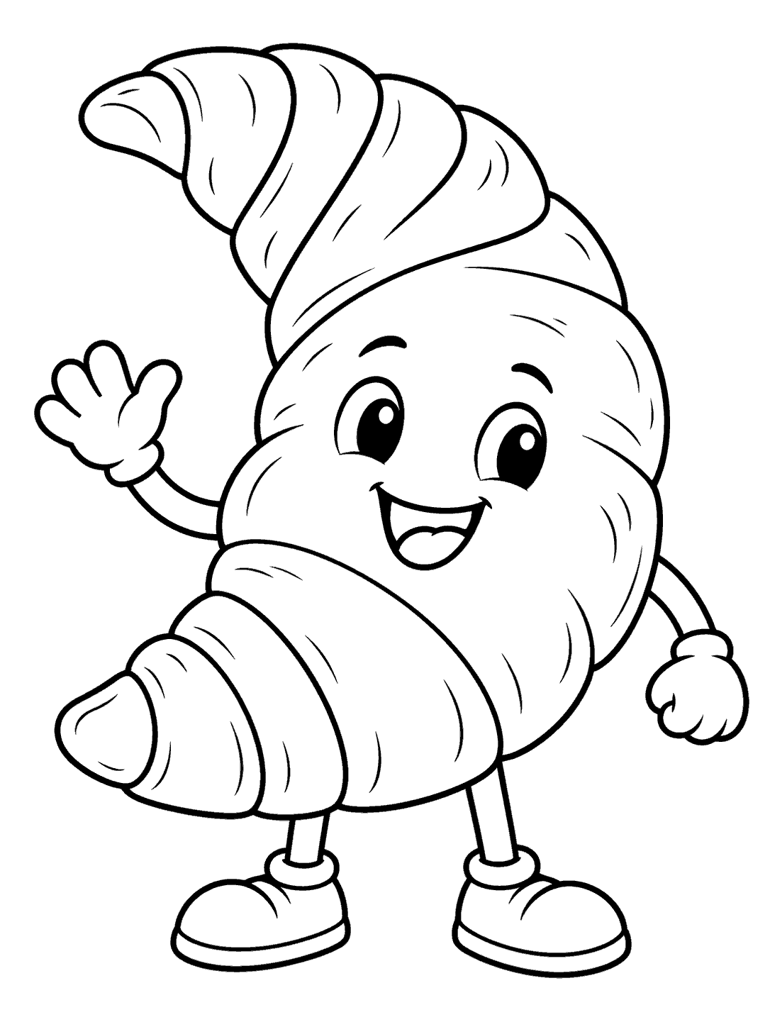 Smiling croissant character coloring page with segmented pastry, arms, and shoes