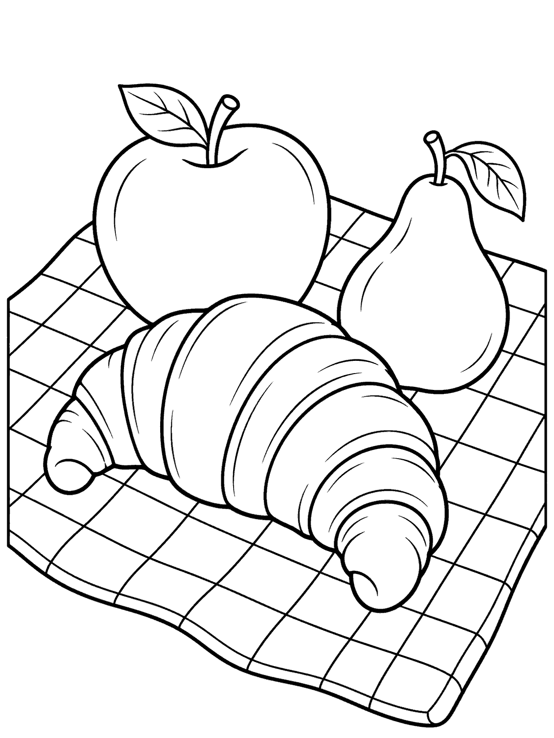 Croissant, apple, and pear on a checked picnic cloth coloring page