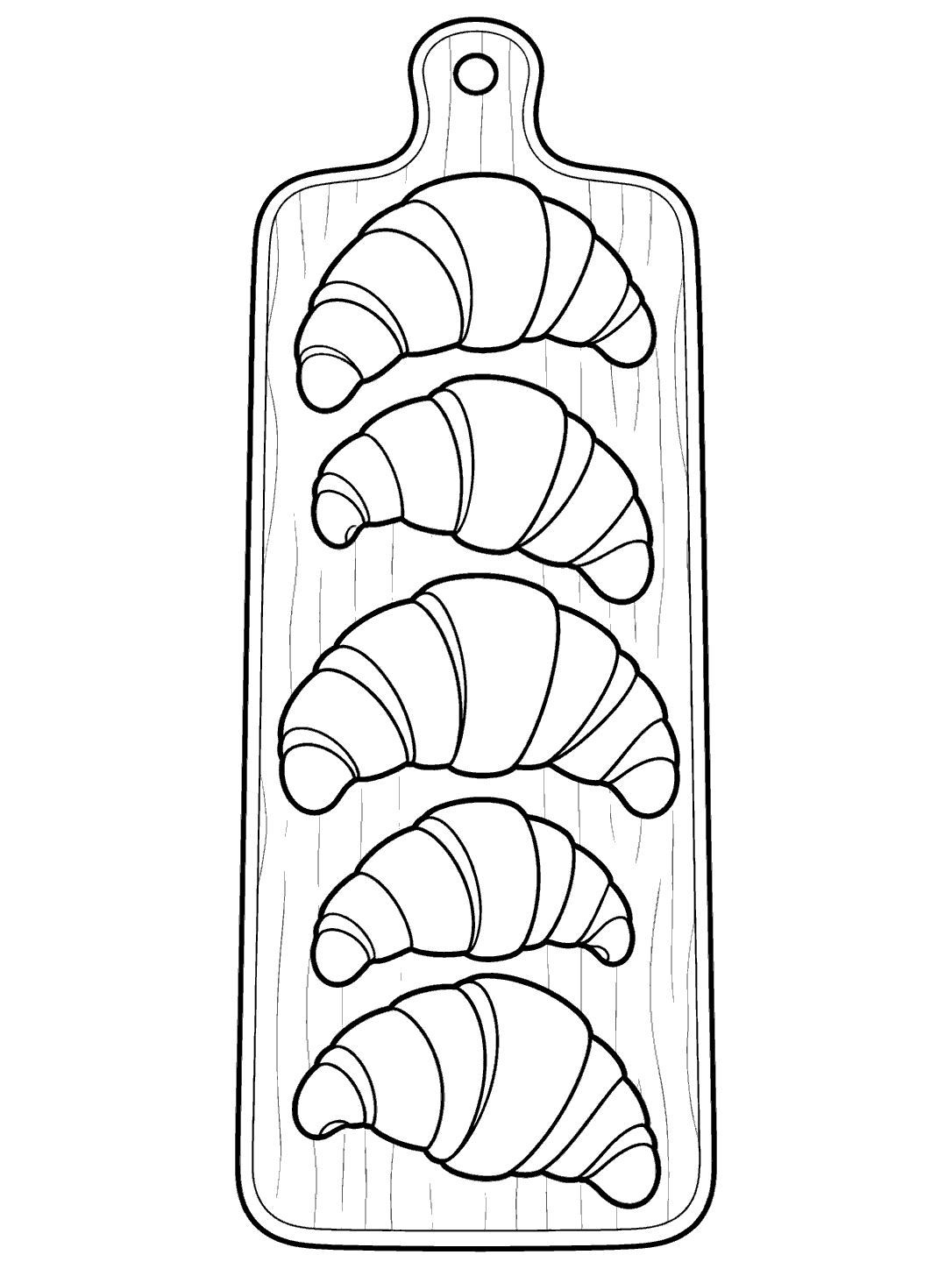 Five mini croissants arranged on a long serving board, viewed from above.