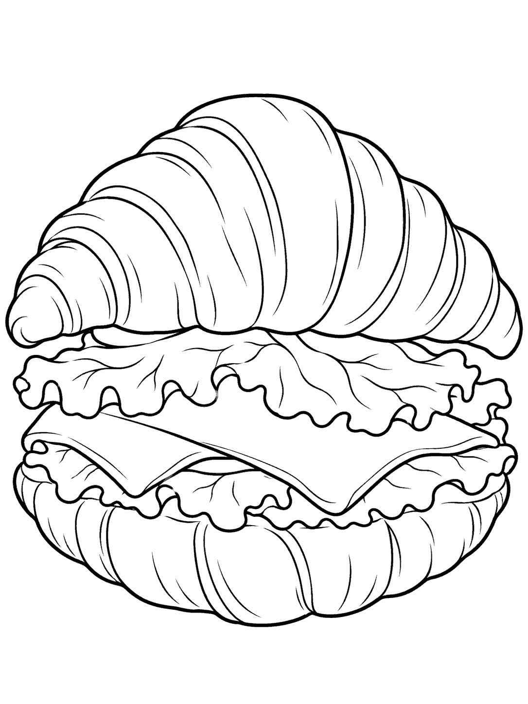 Croissant sandwich coloring page with lettuce and cheese between the halves.