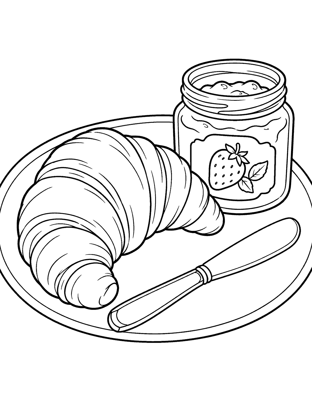Black outline coloring page showing a croissant and butter knife on a plate beside an open jam jar with a strawberry label motif.