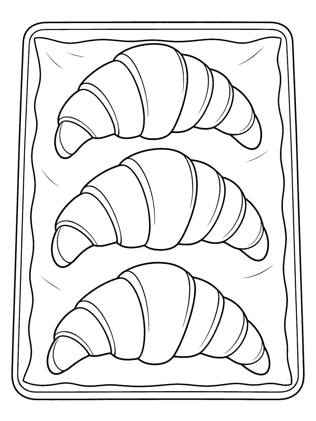 Three outlined croissants on a parchment-lined rectangular tray coloring page